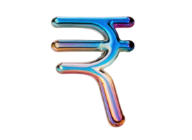Holographic element with shiny chrome surface isolated on transparent background. Currency sign, Indian rupee. Finance, money, exchange. png