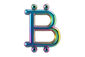 Holographic metallic element with shiny chrome surface isolated on transparent background. Currency sign, bitcoin. Finance, money, exchange. png