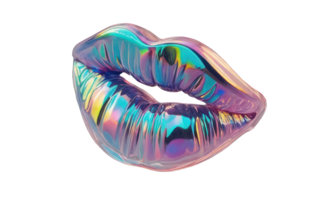 Holographic element in Y2K style, lips isolated on transparent background. Inflated 3D chrome holographic sticker, iridescent surface. png