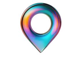 Holographic pin, map mark isolated on transparent background. Holographic chrome Y2K 3D element, molten metal. Navigation, route, cartography. png