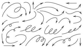 Thin editable outline arrows set. Sketch doodle style black line design elements isolated on white background. Many different arrows. vector