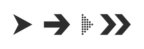 Arrow Flat Style Icon Collection. Set Of 4 Black Arrows Pointers In Right Direction. Modern Cursor Elements For Web User Interface vector