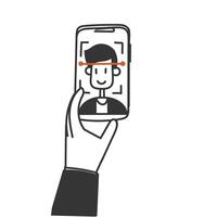 a hand holding up a phone with a face on it vector