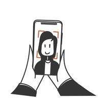 a cartoon drawing of a person holding up a phone with a face on it vector
