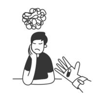 a man is sitting at a table with a hand reaching up to his head vector