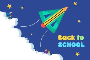 Back to school concept include Rocket flying to sky with pencils and ruler plane on blue background vector