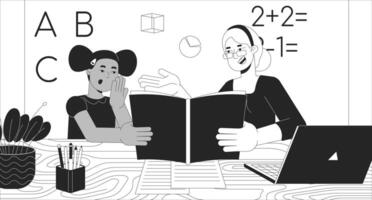 Happy teacher explaining lesson to little girl black and white line illustration. Tutor with student learning abc 2D characters monochrome background. Elementary school outline image vector