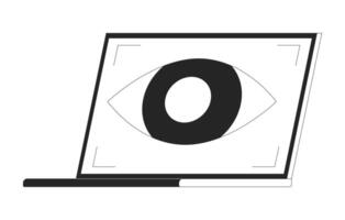 Laptop eye tracking black and white 2D line object. Monitoring surveillance notebook isolated outline item. Digital authorization. Identification technology monochromatic flat spot illustration vector
