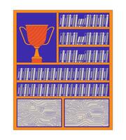 Winner cup on bookcase shelf 2D cartoon object. Office cabinet with ring binders and champion bowl isolated flat element white background. Room furnishing color spot illustration vector