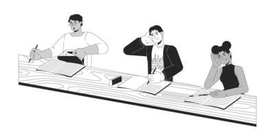 Diverse university classmates listening lecture black and white 2D line cartoon characters. Course taking. Multinational isolated outline people. College class monochromatic spot illustration vector