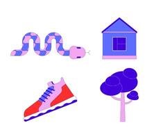 Wildlife precautions 2D cartoon objects set. Venomous snake, sneaker, tree, small house isolated flat elements white background. Home, reptile, footwear color spot illustration collection vector