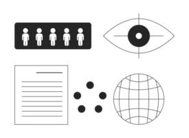 Globalization biometrics black and white 2D line objects set. Population citizens, planet wireframe isolated outline items collection. Demography monitor monochromatic flat spot illustrations vector