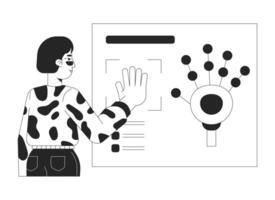 Palm scanning biometric identification black and white flat line illustration. Asian woman pressing hand 2D lineart character isolated. Digital identity verification monochrome outline image vector