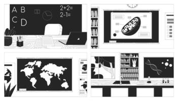 School classrooms for different courses black and white line illustration set. Classes of natural sciences 2D interior monochrome backgrounds. Learning scenes storytelling images collection vector
