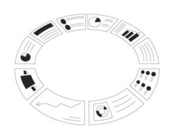 Circled analytics reports black and white 2D line object. Circular business analysis charts graphs isolated outline item. Circle dashboard. Market research monochromatic flat spot illustration vector