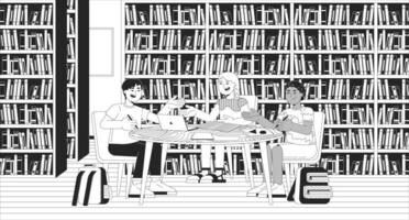Elementary kids group assignment black and white line illustration. Diverse schoolkids doing homework together in library 2D characters monochrome background. Preteen primary outline image vector