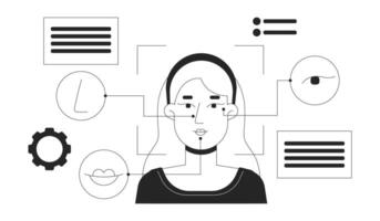 Facial coding technology black and white 2D illustration concept. Identifying nose, mouth, eyes of caucasian woman outline character isolated. Face biometrics security metaphor monochrome art vector