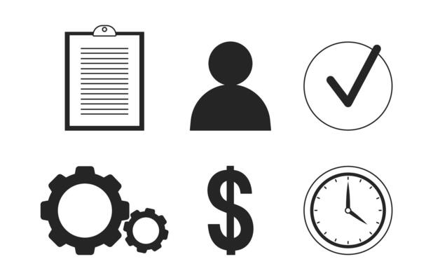 Project management black and white 2D line objects set. Cogwheels, clipboard, money isolated outline items collection. Operational efficiency, performance monochromatic flat spot illustrations