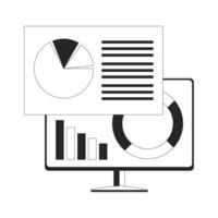 Computer analyzing data black and white 2D line object. Pie chart graph. Tech analytics desktop monitor isolated outline item. Piechart infographic gadget monochromatic flat spot illustration vector
