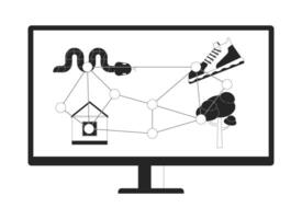 Computer screen-based eye tracking black and white flat line illustration. Visual response to stimuli displayed on monitor 2D lineart object isolated. Eyetracking task monochrome outline image vector
