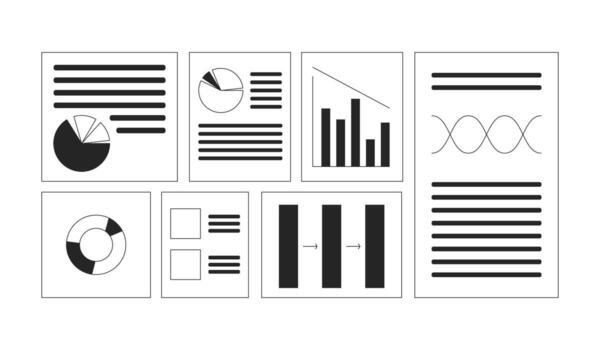 Business analysis reports black and white 2D line objects set. Graphs charts papers isolated outline items collection. Corporate growth. Data analytics monochromatic flat spot illustrations vector