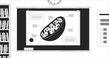 Cell model on classroom blackboard black and white line illustration. Biology class of high school 2D interior monochrome background. Studying natural science at lesson outline image vector