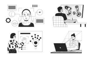 Eye tracking technology biometrics black and white 2D illustration concepts set. Diverse digital citizens outline characters isolated. Face scan, heatmap metaphors monochrome art collection vector