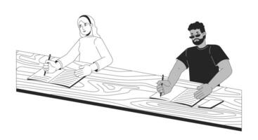Multicultural college classmates writing lecture black and white 2D line cartoon characters. Multiethnic young adults isolated outline people. University class monochromatic spot illustration vector