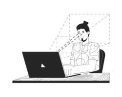 Eye tracking software black and white 2D illustration concept. Caucasian man looking at laptop outline character isolated. Eye recognition. Gaze tracker technology metaphor monochrome art vector