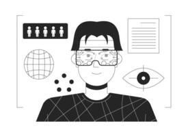 VR data analytics black and white flat line illustration. Augmented reality headset man asian 2D lineart character isolated. Data analysis in virtual reality monochrome outline image vector