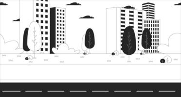 Highway city life black and white line illustration. Empty road asphalt 2D cityscape monochrome background. Downtown district skyscrapers. Trees highrise buildings skyline outline image vector