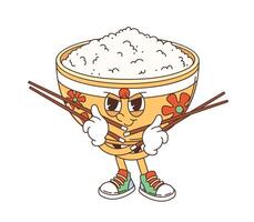Rice bowl cartoon groovy character with chopsticks vector