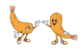 Retro Japanese shrimp tempura groovy characters vector