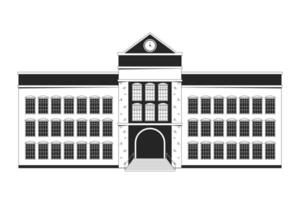 School exterior black and white 2D line object. Academy entrance. Highschool building facade schoolhouse isolated outline item. College campus architecture monochromatic flat spot illustration vector