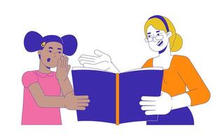 Teacher with surprised little girl reading book 2D cartoon characters. Female tutor showing textbook to student isolated flat people white background. Primary school color spot illustration vector