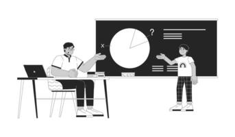 Teacher and student solving math task together black and white 2D line cartoon characters. Tutor and child at lesson isolated outline people. Education monochromatic flat spot illustration vector