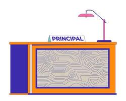 School principal desk 2D cartoon object. Workplace of education facility manager isolated flat element white background. Office table with lamp and nameplate color spot illustration vector