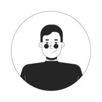 Caucasian man in round glasses and turtleneck black and white 2D avatar illustration. European male retro outline cartoon character face isolated. 80s casual flat user profile image portrait vector
