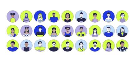 Diverse employees 2D linear avatars illustration set. Multicultural workers cartoon character faces portraits collection. Headshots students women, men flat color user profiles images isolated vector