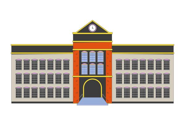 School exterior 2D cartoon object. Academy entrance. Highschool building facade schoolhouse isolated flat element white background. College campus architecture color spot illustration