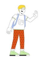 Caucasian schoolboy goodbye waving 2D cartoon character. Hello gesturing blond boy with backpack isolated flat person white background. Back to elementary school color spot illustration vector