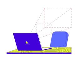 Digital scanner laptop on desk with chair 2D cartoon object. Technology biometric identification isolated flat element white background. Augmented reality projection color spot illustration vector