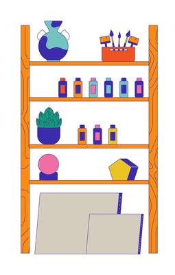 Wooden shelves painting tools 2D cartoon object. Shelving unit with bottles paintbrushes. Paints brushes canvas art supplies isolated element flat clipart on white background. Spot illustration