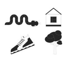 Wildlife precautions black and white 2D line objects set. Venomous snake, sneaker, tree, house isolated outline items collection. Home, reptile, footwear monochromatic flat spot illustrations vector