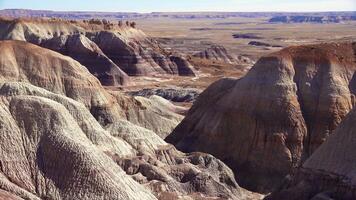 Petrified Forest National Park, Erosion of ancient multi-colored sedimentary rocks from which fossilized sequoias are washed away video