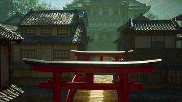 A red gate in front of a row of buildings video