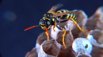 The European paper wasp Polistes dominula, wasp guarding larvae on her little paper nest video