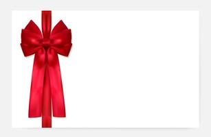 Blank Gift card with elegant decorative satin red bow and ribbon isolated on white background. Realistic template for greeting card, gift certificate, voucher. vector