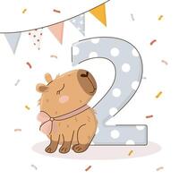 Second birthday party invitation with a cute capybara in hand-drawn style. Amusing capibara character. templates for party, event. vector