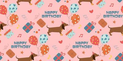 Happy Birthday party seamless pattern in hand-drawn style with doggy dachshund, presents and ballons. Bright background texture for cover, wrapping paper, package, invitation, greeting card. vector
